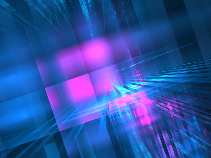 Abstract composition of layered squares featuring magenta and blue shapes.