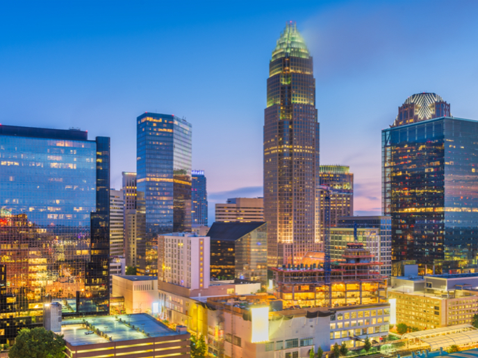 Skyline view of Charlotte, North Carolina at twilight.